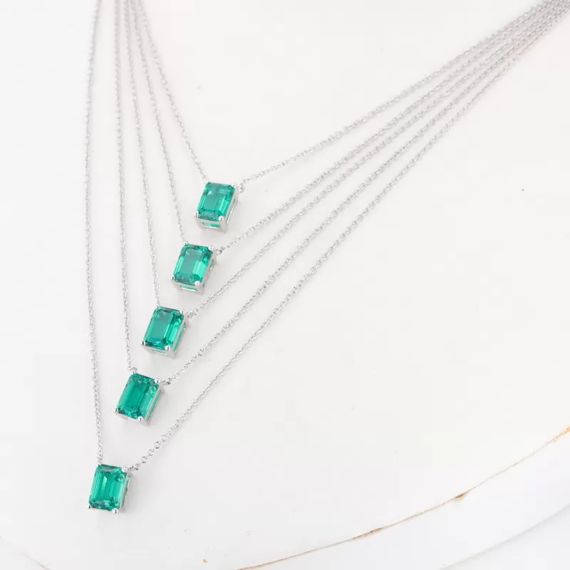 5×7mm Octagon Emerald Cut Lab Grown Emerald S925 Sterling Silver Diamond Pendant Necklace