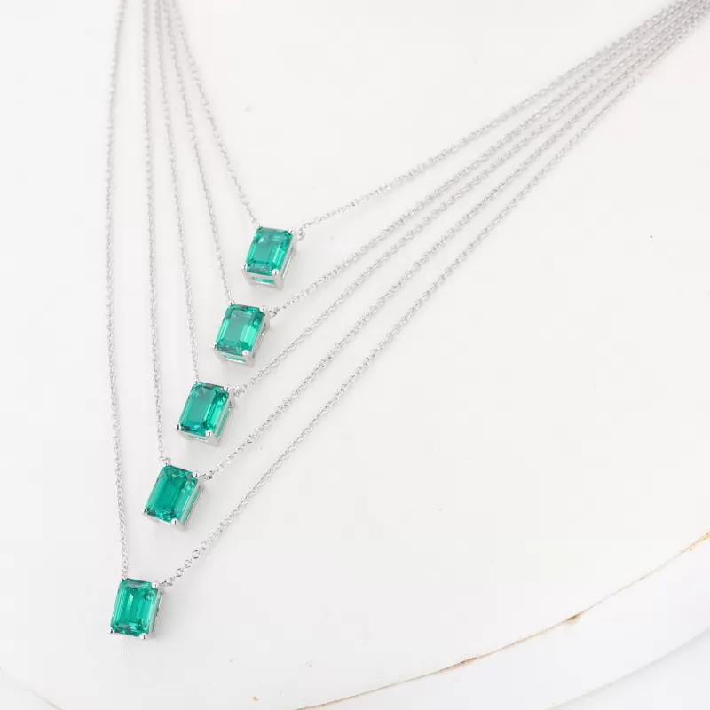 5×7mm Octagon Emerald Cut Lab Grown Emerald S925 Sterling Silver Diamond Pendant Necklaces