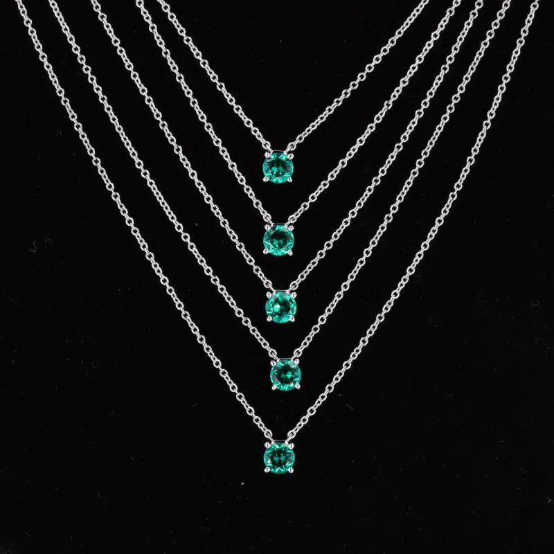 4mm Round Brilliant Cut Lab Grown Emerald S925 Sterling Silver Diamond Pendant Necklaces