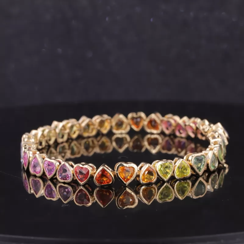 4×4mm Heart Cut Colours Lab Gemstones Bezel Set 14K Gold Rainbow Tennis Bracelet