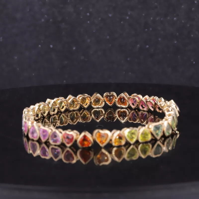 4×4mm Heart Cut Colours Lab Gemstones Bezel Set 14K Gold Rainbow Tennis Bracelet