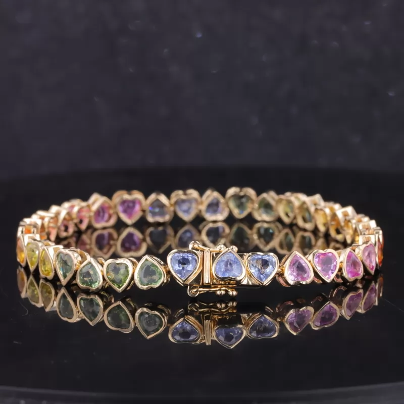 4×4mm Heart Cut Colours Lab Gemstones Bezel Set 14K Gold Rainbow Tennis Bracelet
