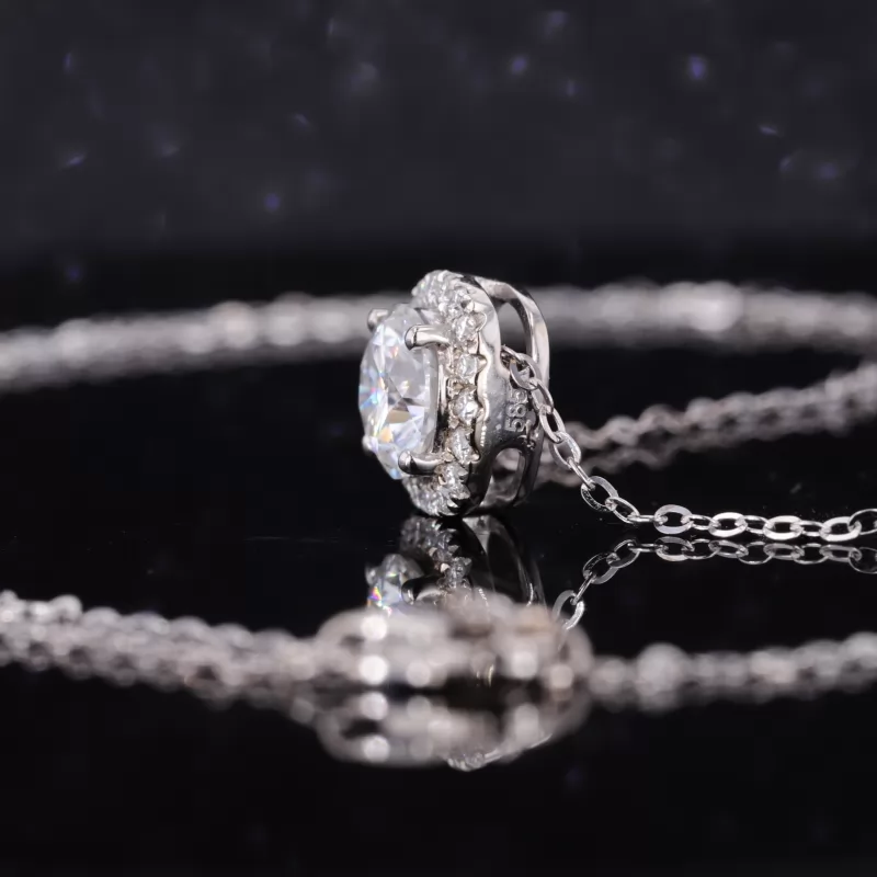 6.5mm Round Brilliant Cut Moissanite Halo Set 14K White Gold Diamond Pendant Necklace