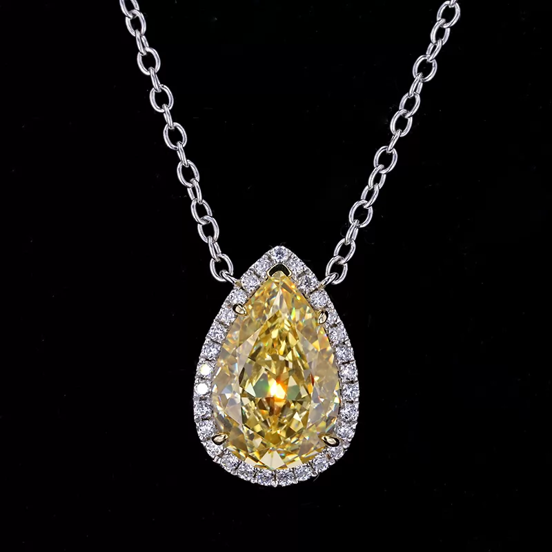 8×12.5mm Pear Shape Crushed Ice Cut Yellow Cubic Zirconia S925 Sterling Silver Diamond Pendant Necklace