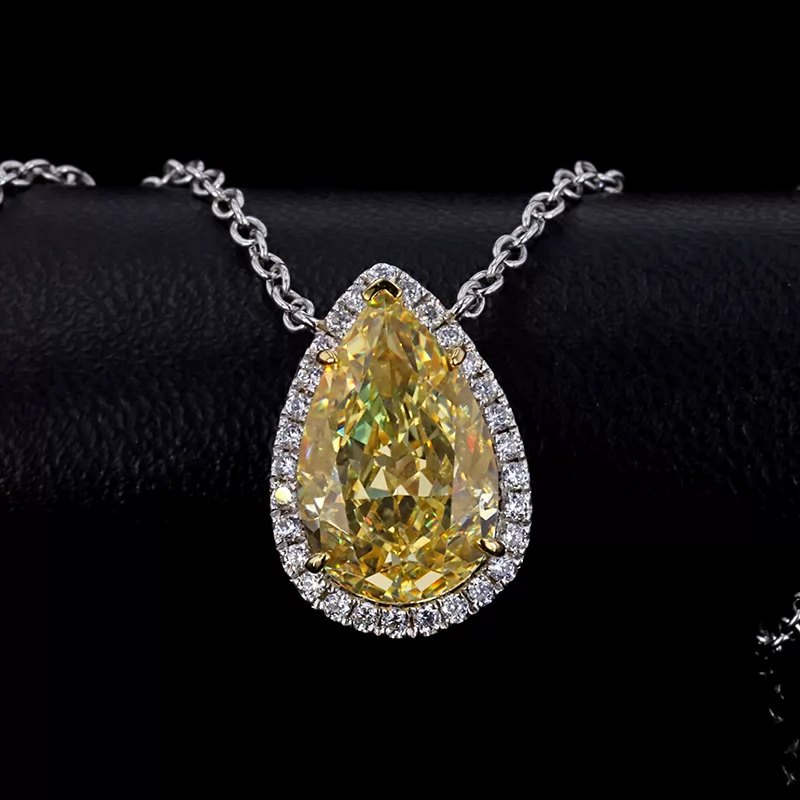 8×12.5mm Pear Shape Crushed Ice Cut Yellow Cubic Zirconia S925 Sterling Silver Diamond Pendant Necklace