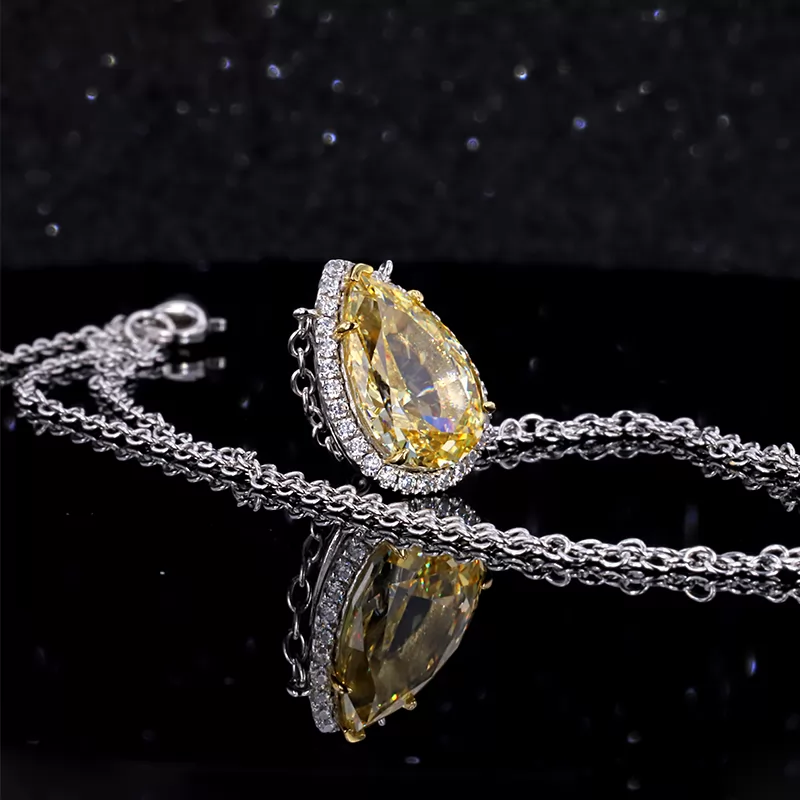 8×12.5mm Pear Shape Crushed Ice Cut Yellow Cubic Zirconia S925 Sterling Silver Diamond Pendant Necklace