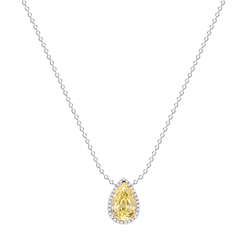 8×12.5mm Pear Shape Crushed Ice Cut Yellow Cubic Zirconia S925 Sterling Silver Diamond Pendant Necklace