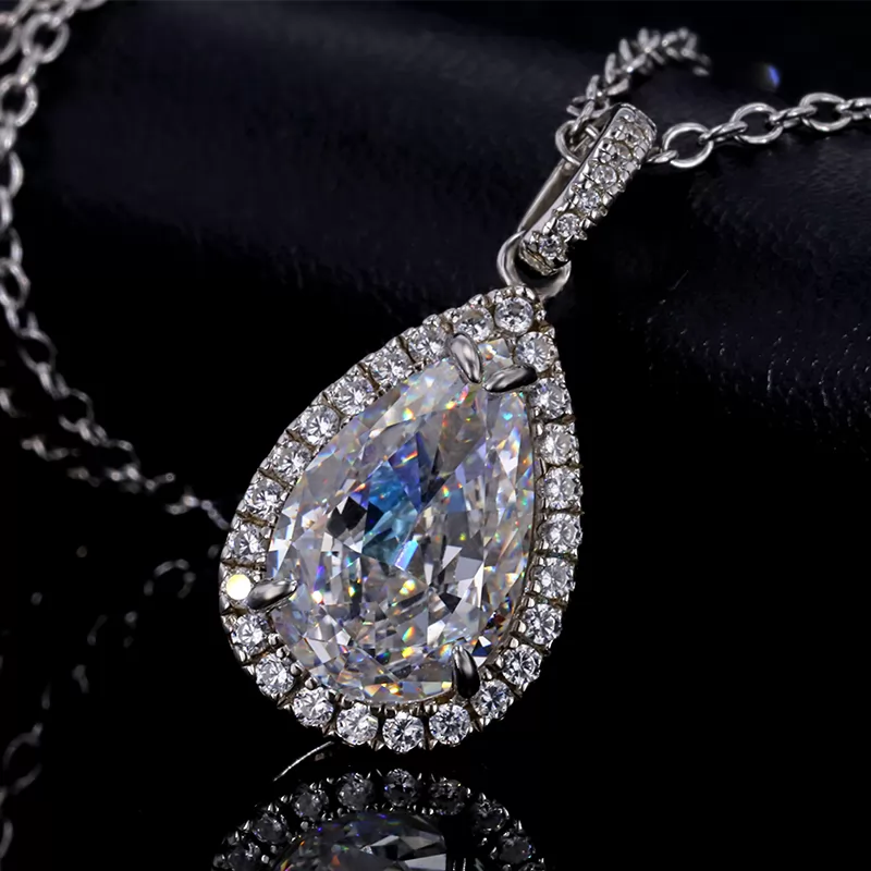 8×12.5mm Pear Shape Crushed Ice Cut White Cubic Zirconia Halo Set S925 Sterling Silver Diamond Pendant Necklace