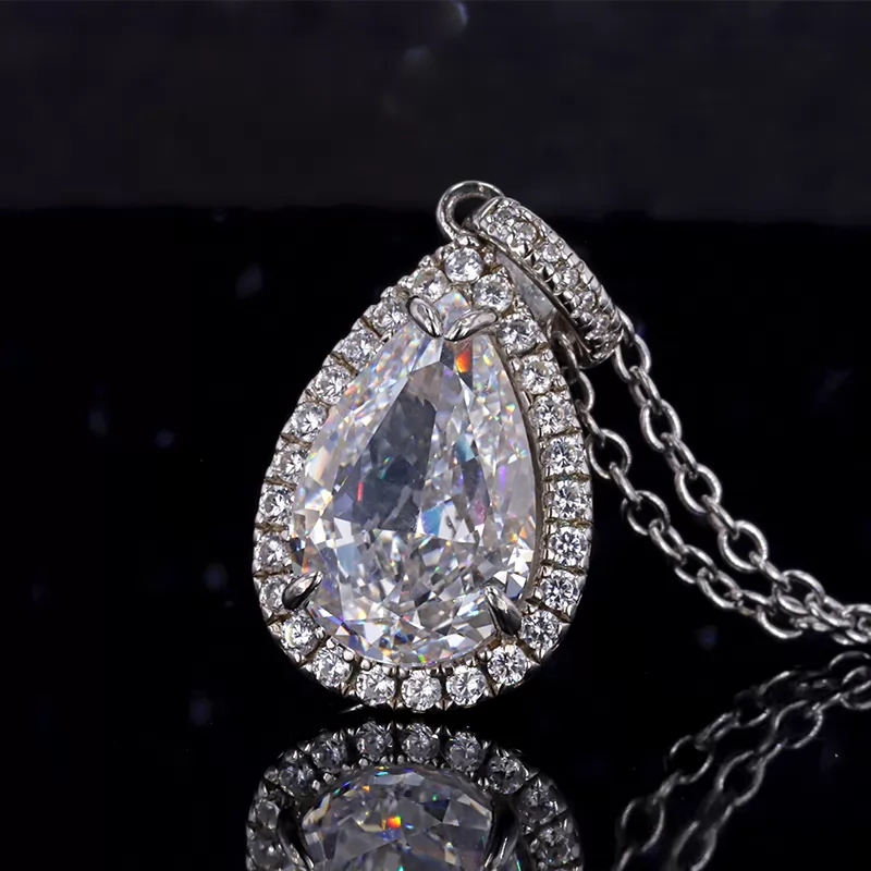 8×12.5mm Pear Shape Crushed Ice Cut White Cubic Zirconia Halo Set S925 Sterling Silver Diamond Pendant Necklace
