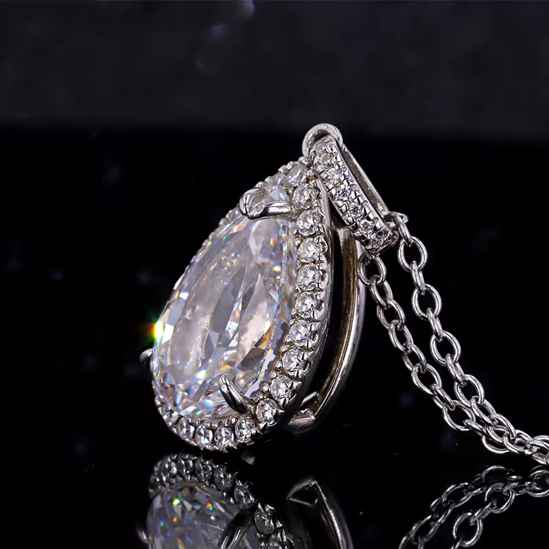 8×12.5mm Pear Shape Crushed Ice Cut White Cubic Zirconia Halo Set S925 Sterling Silver Diamond Pendant Necklace