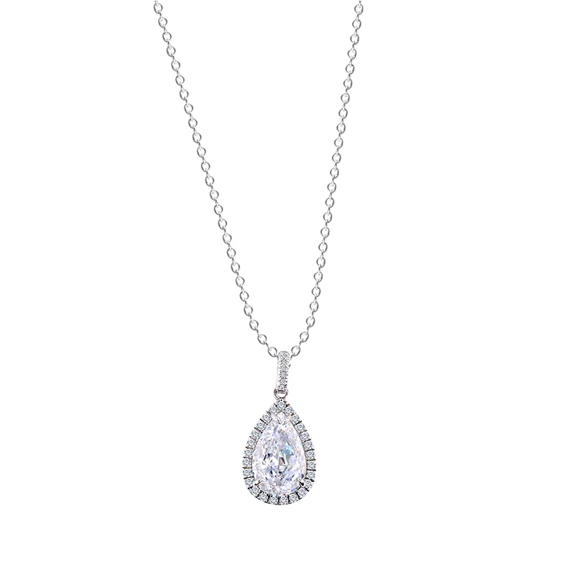 8×12.5mm Pear Shape Crushed Ice Cut White Cubic Zirconia Halo Set S925 Sterling Silver Diamond Pendant Necklace