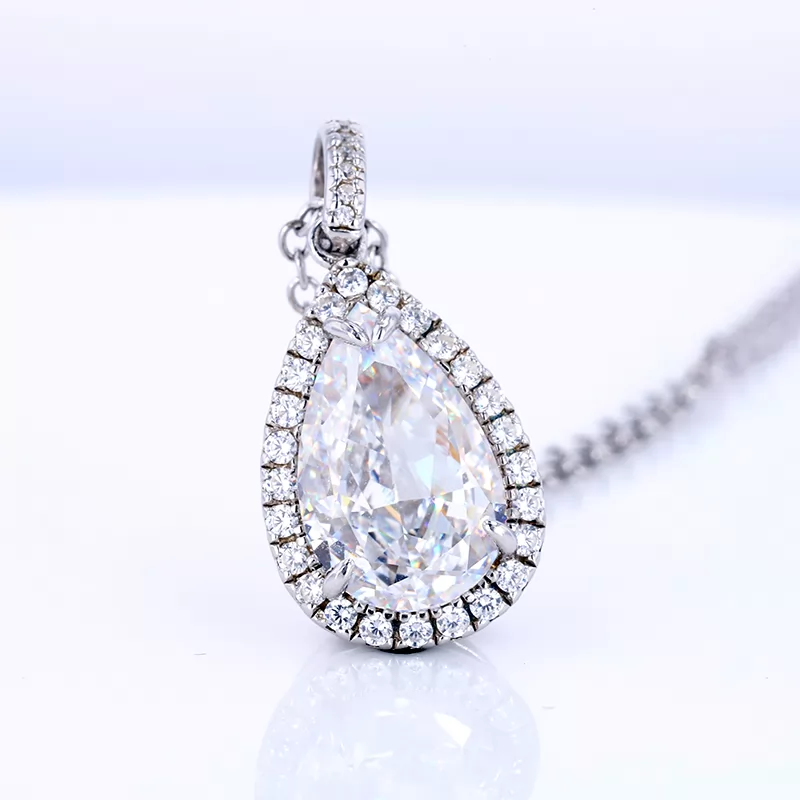 8×12.5mm Pear Shape Crushed Ice Cut White Cubic Zirconia Halo Set S925 Sterling Silver Diamond Pendant Necklace