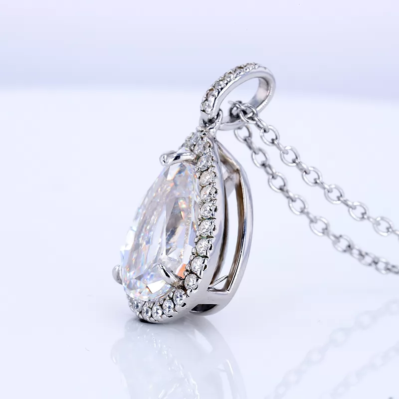 8×12.5mm Pear Shape Crushed Ice Cut White Cubic Zirconia Halo Set S925 Sterling Silver Diamond Pendant Necklace