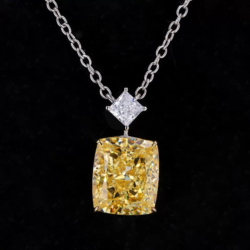 9×11mm Cushion Shape Crushed Ice Cut Yellow Cubic Zirconia S925 Sterling Silver Diamond Pendant Necklace