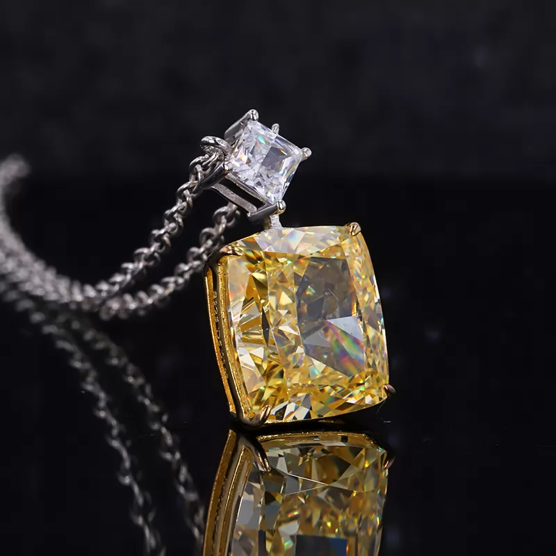 9×11mm Cushion Shape Crushed Ice Cut Yellow Cubic Zirconia S925 Sterling Silver Diamond Pendant Necklace