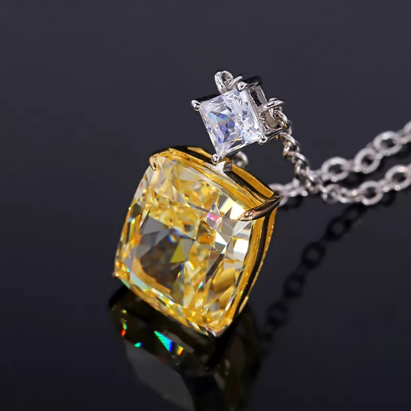 9×11mm Cushion Shape Crushed Ice Cut Yellow Cubic Zirconia S925 Sterling Silver Diamond Pendant Necklace