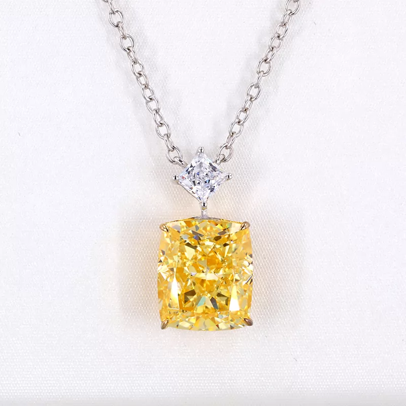 9×11mm Cushion Shape Crushed Ice Cut Yellow Cubic Zirconia S925 Sterling Silver Diamond Pendant Necklace