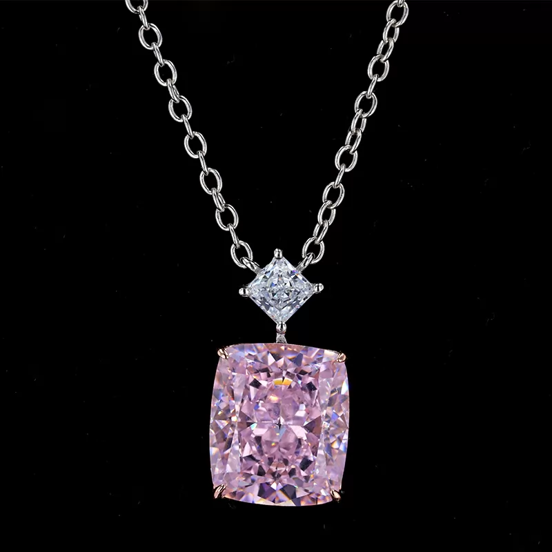 9×11mm Cushion Shape Crushed Ice Cut Pink Cubic Zirconia S925 Sterling Silver Diamond Pendant Necklace