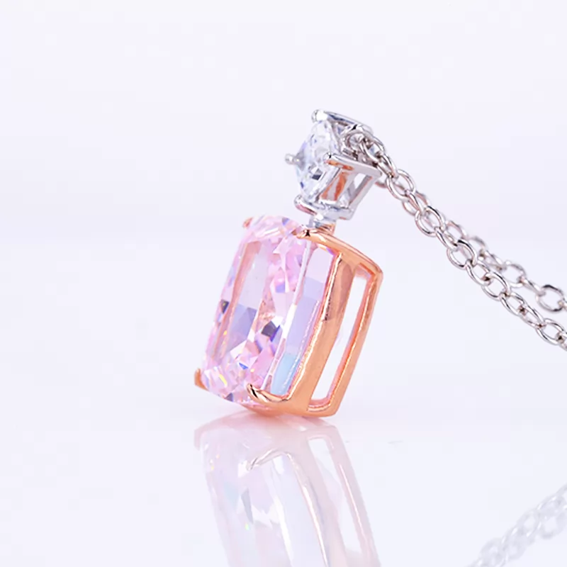 9×11mm Cushion Shape Crushed Ice Cut Pink Cubic Zirconia S925 Sterling Silver Diamond Pendant Necklace