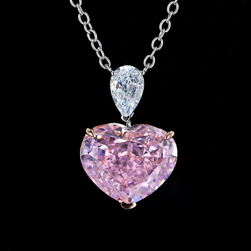 9×12.7mm Heart Shape Crushed Ice Cut Pink Cubic Zirconia S925 Sterling Silver Diamond Pendant Necklace