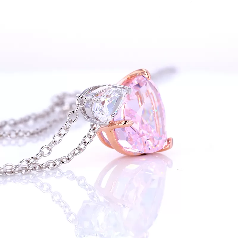 9×12.7mm Heart Shape Crushed Ice Cut Pink Cubic Zirconia S925 Sterling Silver Diamond Pendant Necklace