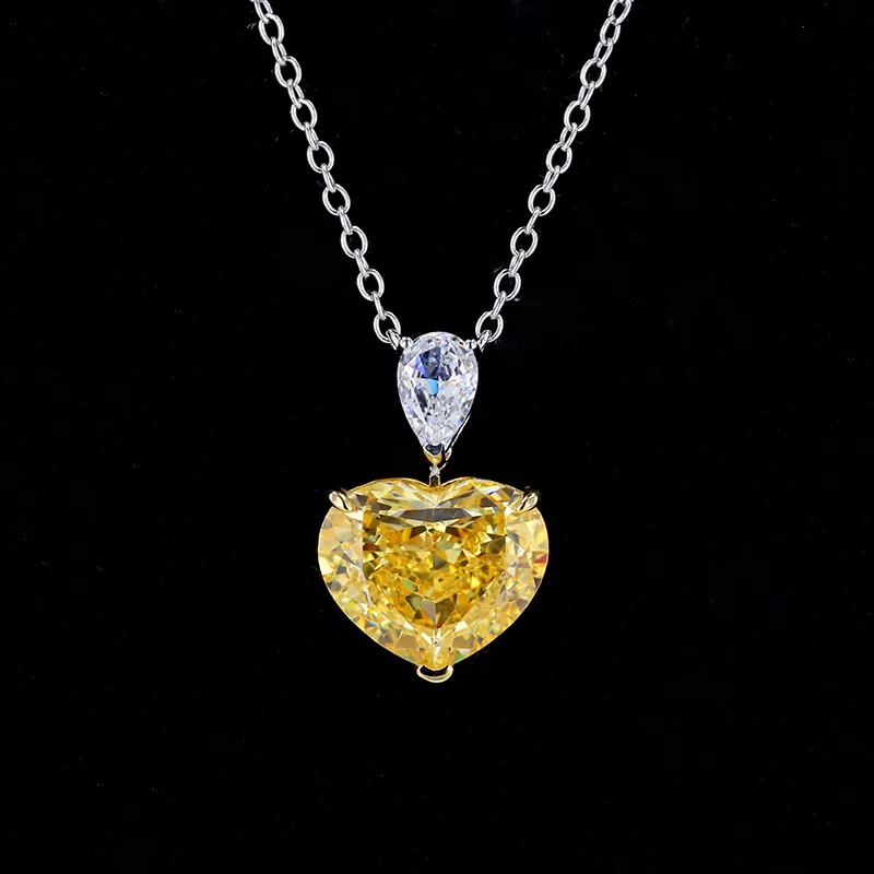 9×12.7mm Heart Shape Crushed Ice Cut Yellow Cubic Zirconia S925 Sterling Silver Diamond Pendant Necklace