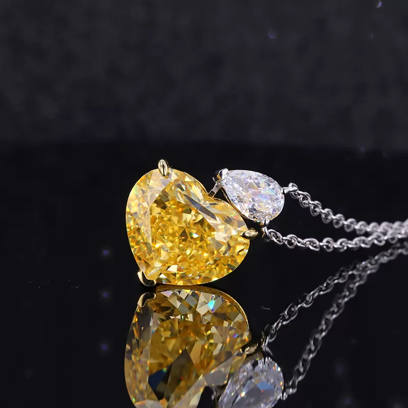 9×12.7mm Heart Shape Crushed Ice Cut Yellow Cubic Zirconia S925 Sterling Silver Diamond Pendant Necklace