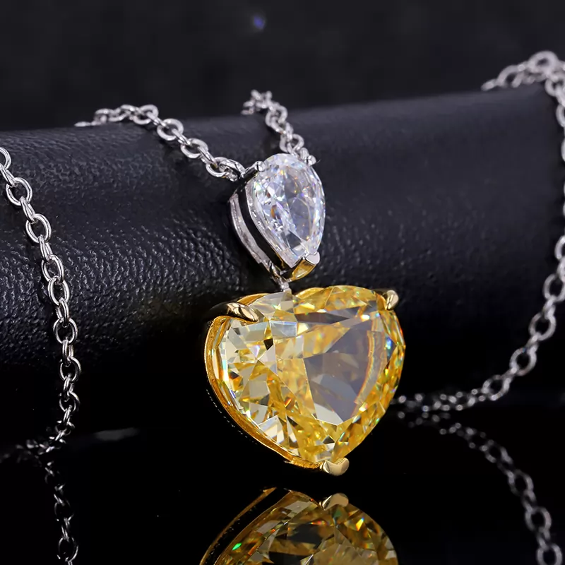 9×12.7mm Heart Shape Crushed Ice Cut Yellow Cubic Zirconia S925 Sterling Silver Diamond Pendant Necklace