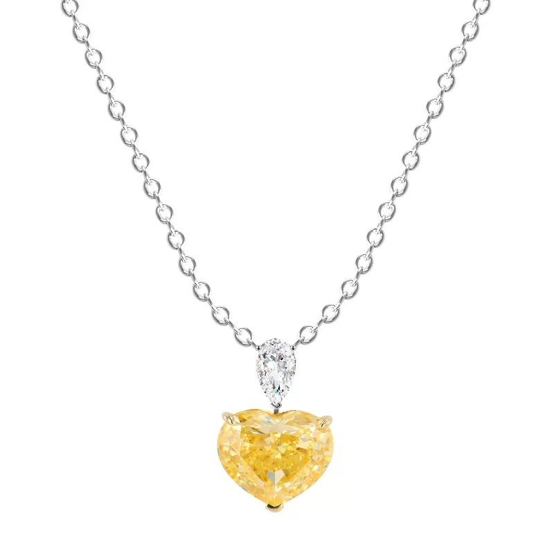 9×12.7mm Heart Shape Crushed Ice Cut Yellow Cubic Zirconia S925 Sterling Silver Diamond Pendant Necklace