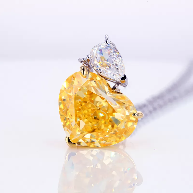 9×12.7mm Heart Shape Crushed Ice Cut Yellow Cubic Zirconia S925 Sterling Silver Diamond Pendant Necklace