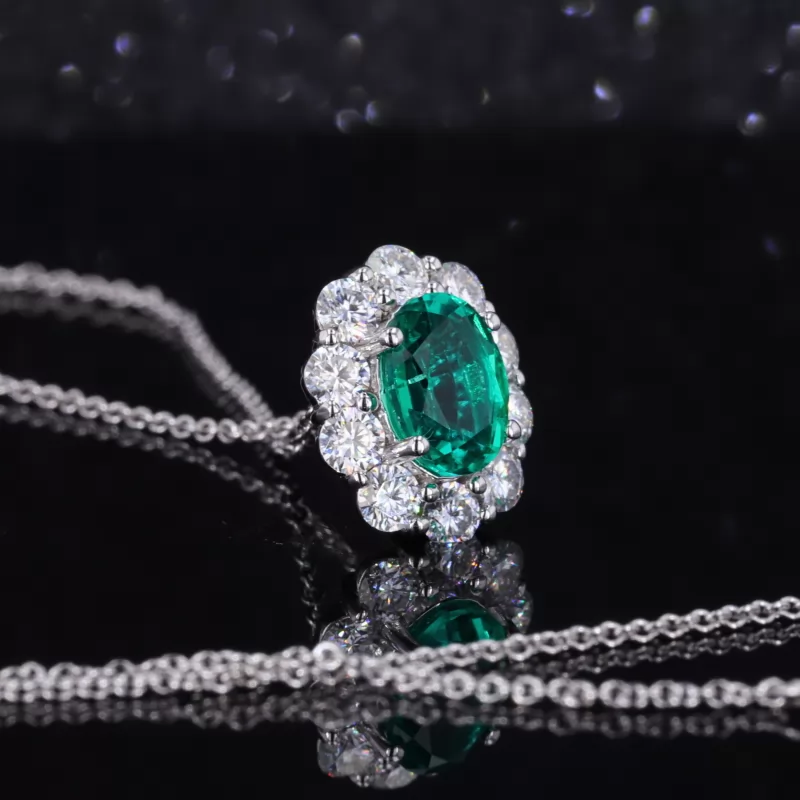 7×9mm Oval Cut Lab Grown Emerald Halo Set 10K White Gold Diamond Pendant Necklace