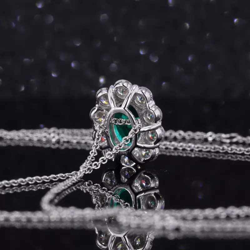 7×9mm Oval Cut Lab Grown Emerald Halo Set 10K White Gold Diamond Pendant Necklace