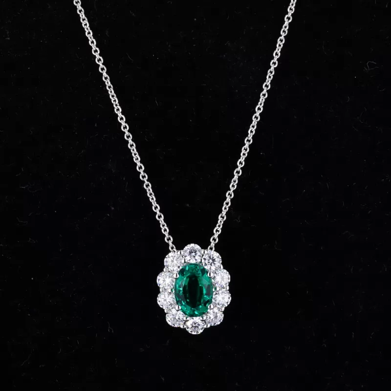 7×9mm Oval Cut Lab Grown Emerald Halo Set 10K White Gold Diamond Pendant Necklace