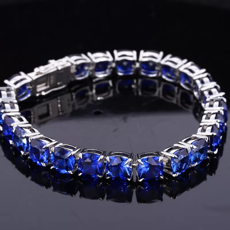 6×6mm Cushion Cut Lab Blue Sapphire S925 Sterling Silver Tennis Bracelet