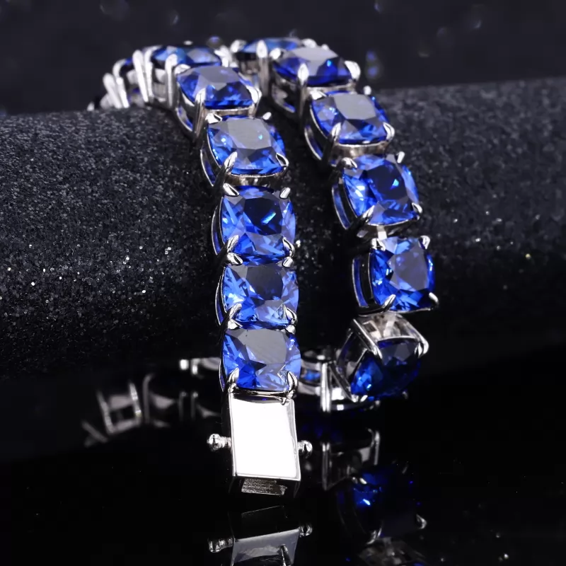 6×6mm Cushion Cut Lab Blue Sapphire S925 Sterling Silver Tennis Bracelet