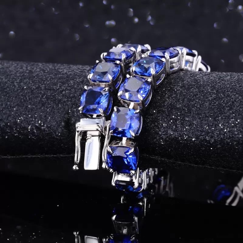 6×6mm Cushion Cut Lab Blue Sapphire S925 Sterling Silver Tennis Bracelet