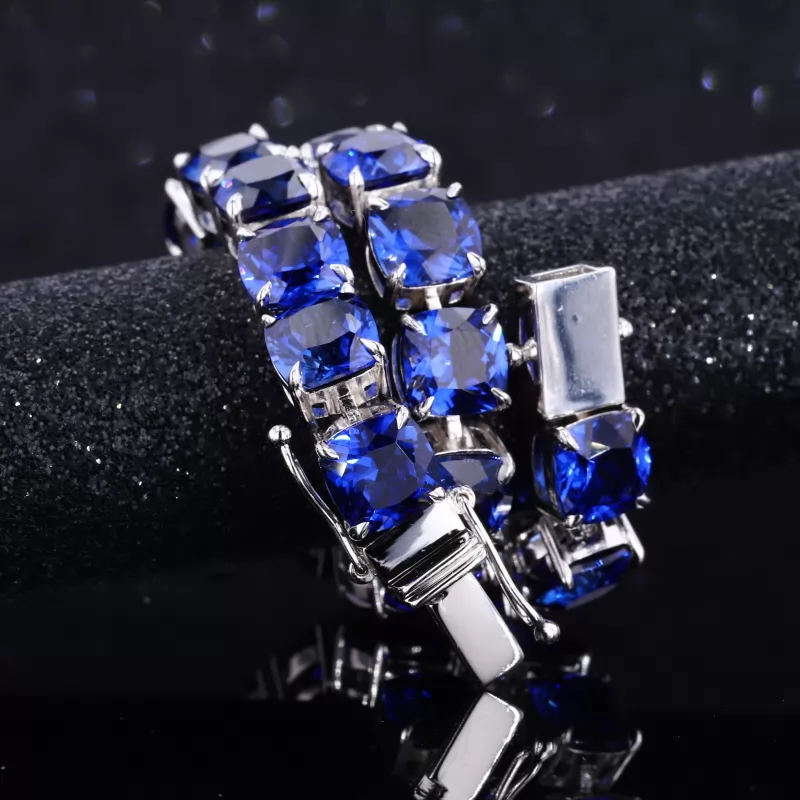 6×6mm Cushion Cut Lab Blue Sapphire S925 Sterling Silver Tennis Bracelet