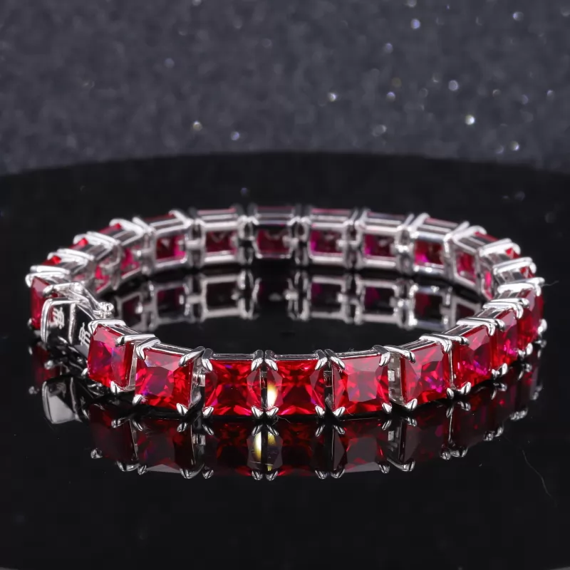 6×6mm Princess Cut Lab Grown Ruby S925 Sterling Silver Tennis Bracelet