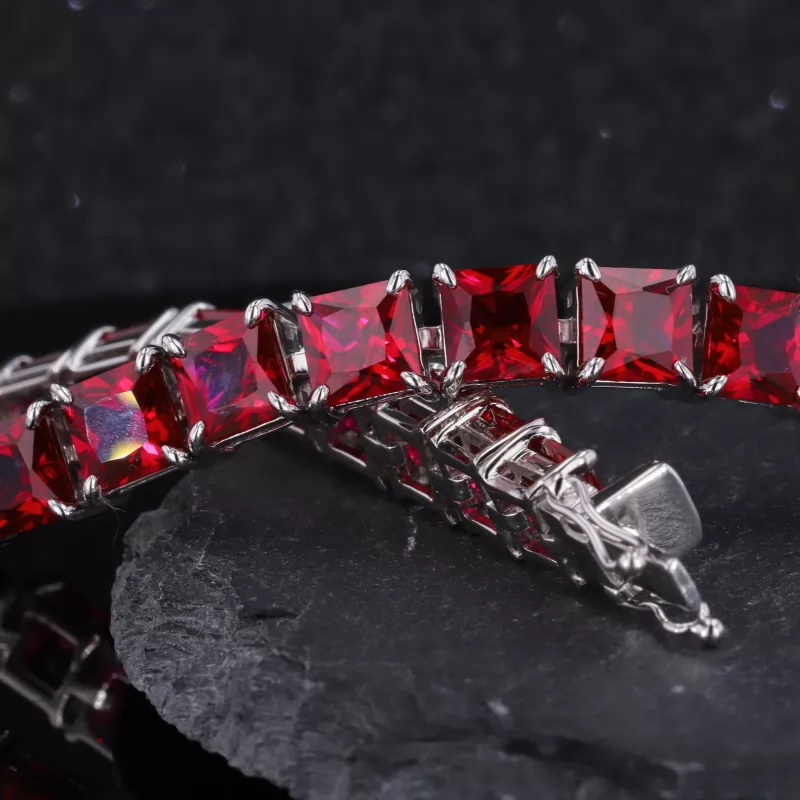 6×6mm Princess Cut Lab Grown Ruby S925 Sterling Silver Tennis Bracelet