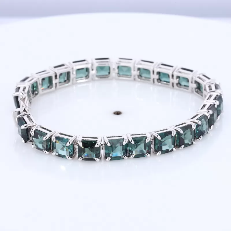 6×6mm Asscher Cut Green Moissanite S925 Sterling Silver Tennis Bracelet