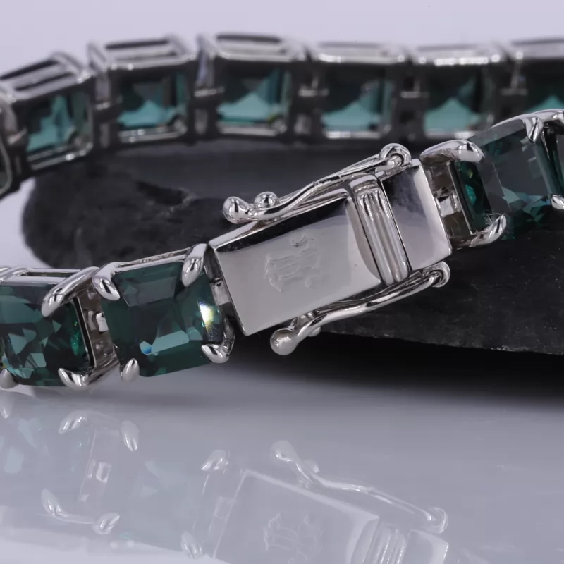 6×6mm Asscher Cut Green Moissanite S925 Sterling Silver Tennis Bracelet