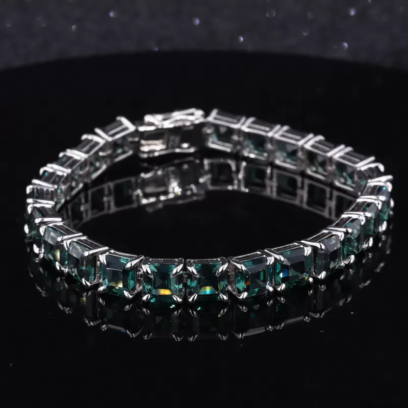 6×6mm Asscher Cut Green Moissanite S925 Sterling Silver Tennis Bracelet