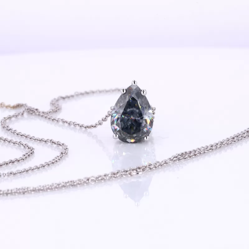 Pear Cut Grey Color Moissanite 9K White Gold Diamond Pendant Necklace