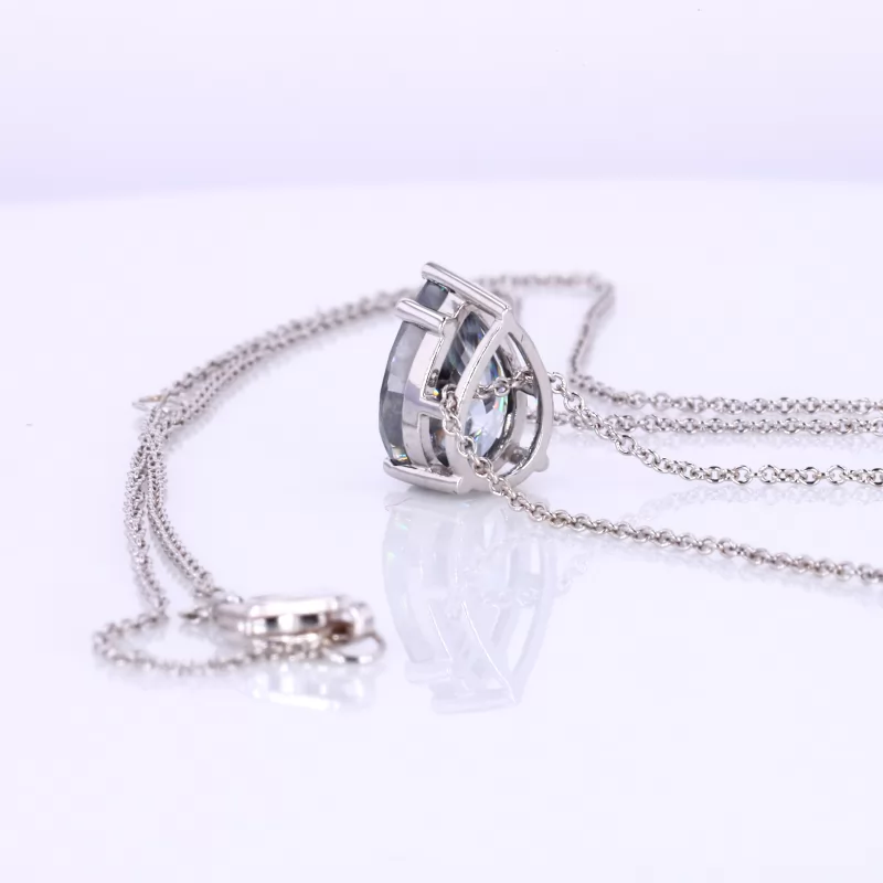 Pear Cut Grey Color Moissanite 9K White Gold Diamond Pendant Necklace