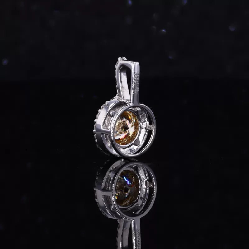 Round Brilliant Cut Champagne Color Moissanite Halo Set 18K White Gold Diamond Pendant