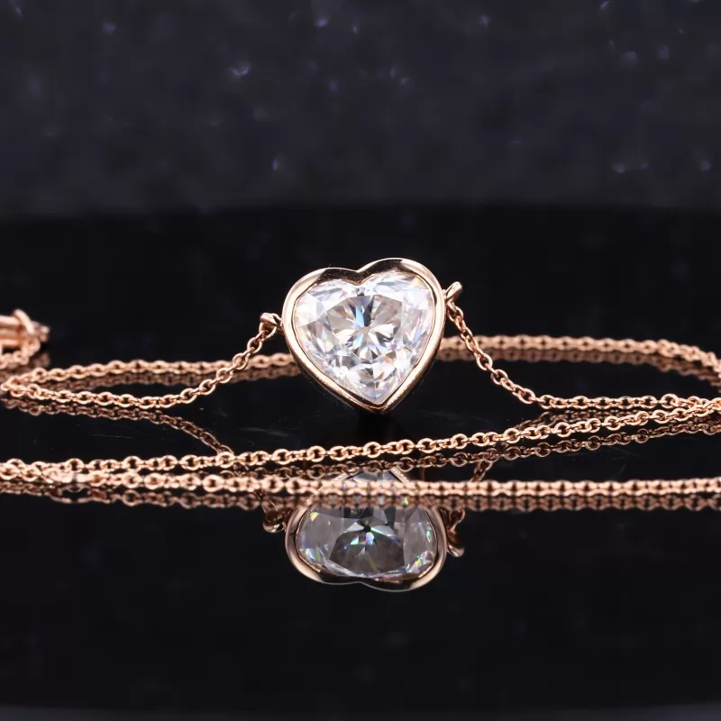 9×8.25mm Heart Cut Moissanite Bezel Set 18K Rose Gold Diamond Pendant Necklace