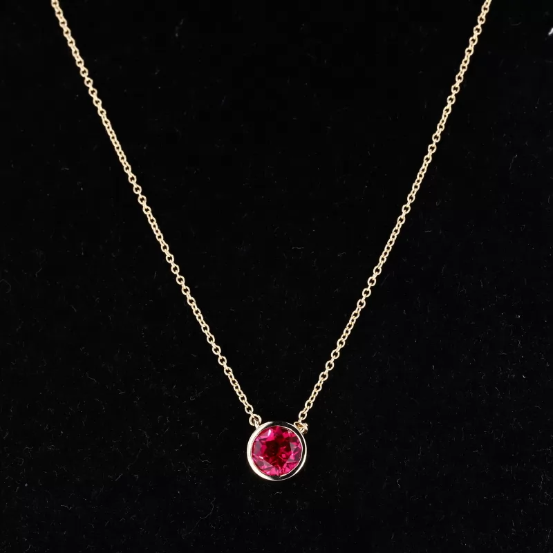 6.5mm Round Brilliant Cut Lab Grown Ruby Bezel Set 14K Yellow Gold Diamond Pendant Necklace