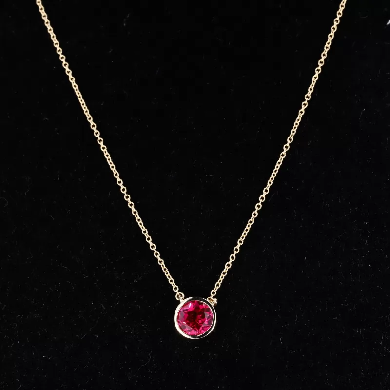6.5mm Round Brilliant Cut Lab Grown Ruby Bezel Set 14K Gold Diamond Pendant Necklace