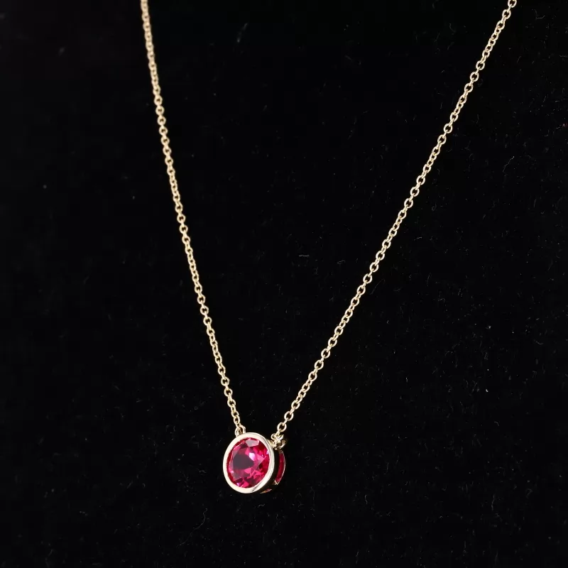 6.5mm Round Brilliant Cut Lab Grown Ruby Bezel Set 14K Yellow Gold Diamond Pendant Necklace