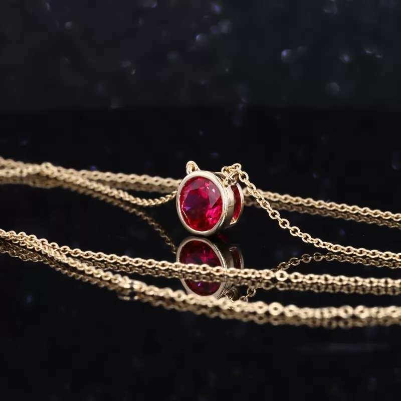 6.5mm Round Brilliant Cut Lab Grown Ruby Bezel Set 14K Yellow Gold Diamond Pendant Necklace